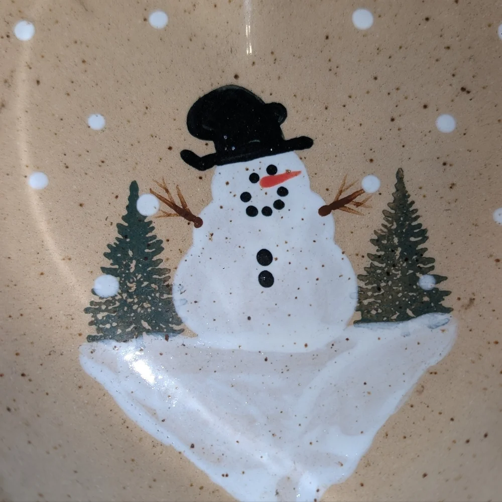 VTG Three Rivers Pottery Winter Heart Shaped Bowl with Cottagecore Snowman